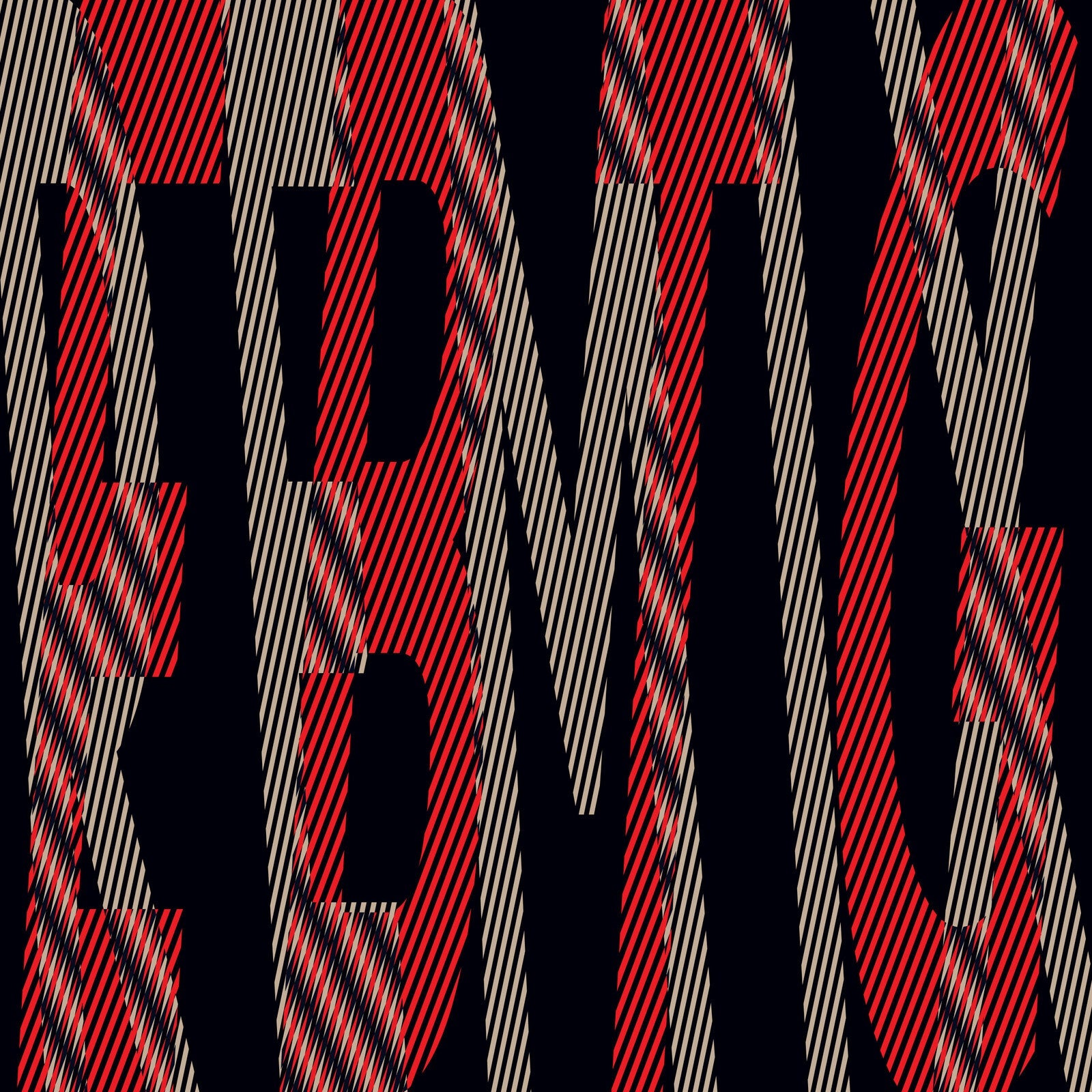 Close-up of album art with red and black striped, distorted lettering.