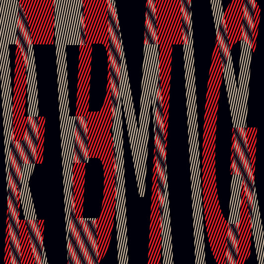 Close-up of album art with red and black striped, distorted lettering.