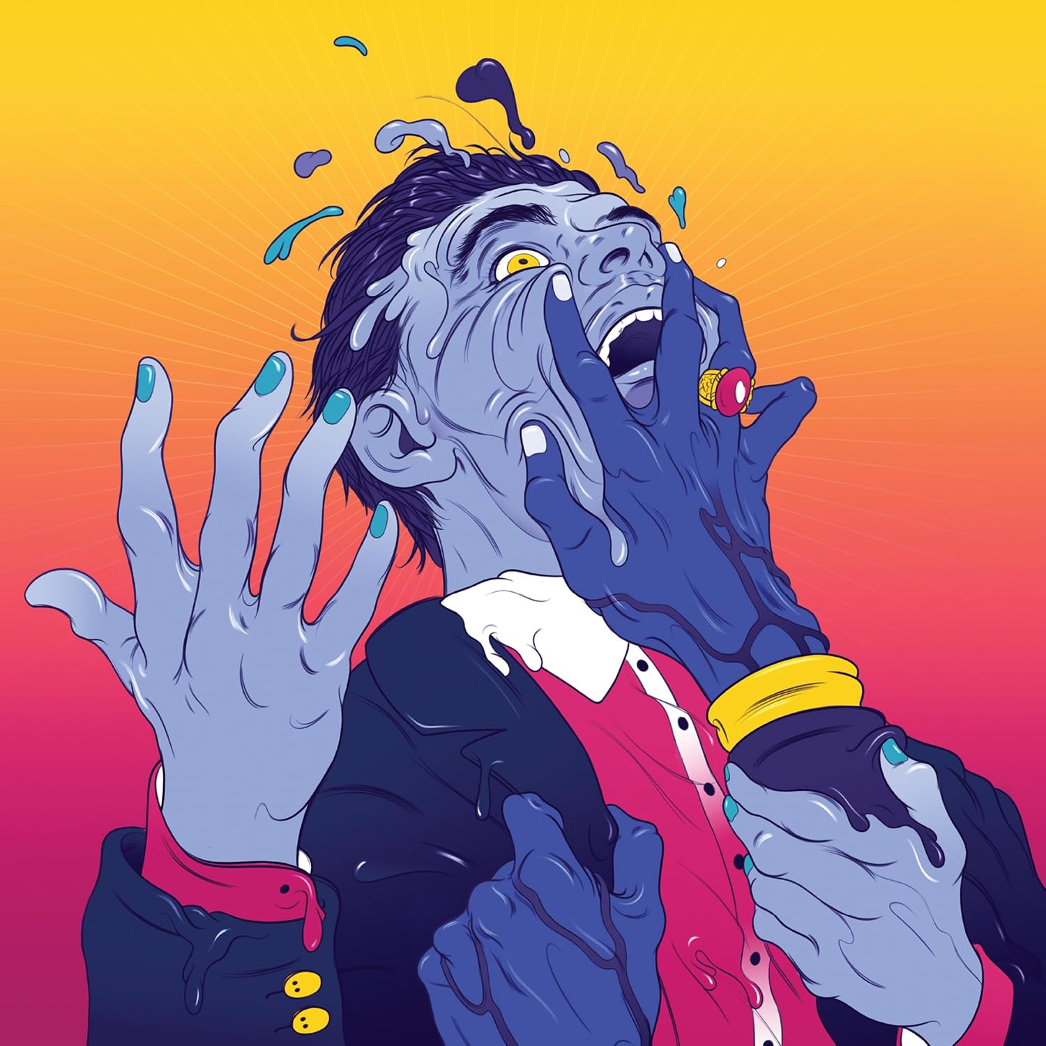 An illustration of a blue-skinned man in a suit being grabbed by blue hands.