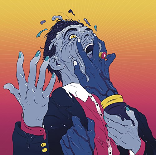 Illustration of a man with melting features against a vibrant, radiating background.