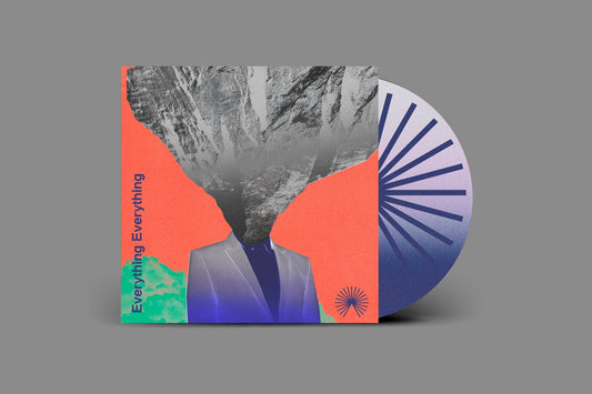 Album cover: man in suit with a mountain for a head, red background.