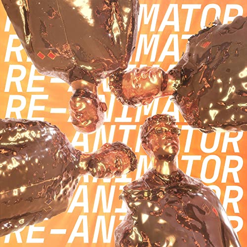Three metallic, bronze-colored figures against an orange background with repeating white text.