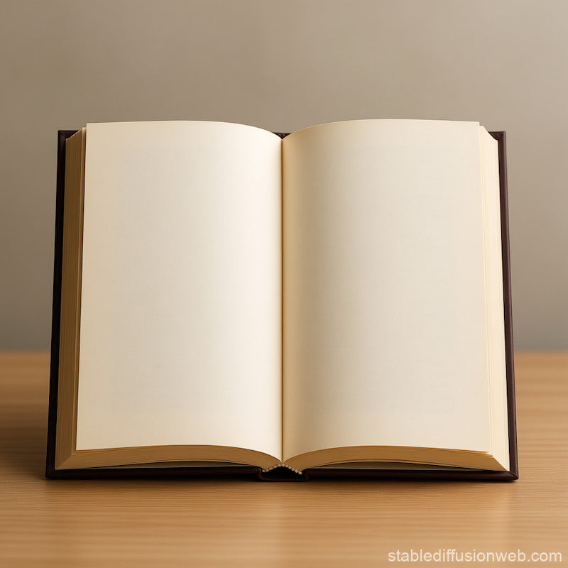 Open hardcover book with blank pages, light beige paper, brown cover.