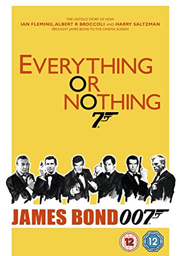 "Yellow DVD cover featuring 'Everything or Nothing' with black and red text and James Bond images."