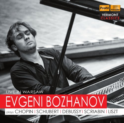 Pianist Evgeni Bozhanov at a piano, CD cover for "Live In Warsaw.