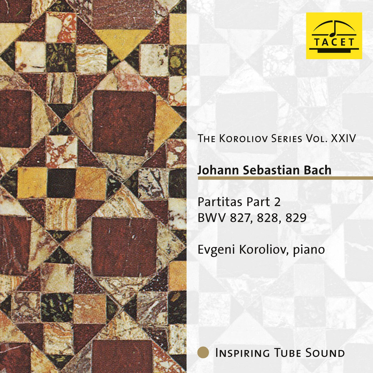 CD cover for Evgeni Koroliov performing Bach’s Partitas 2, with mosaic art.