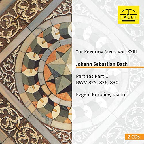 CD cover with mosaic artwork and text describing Bach's Partitas performed by Evgeni Koroliov.