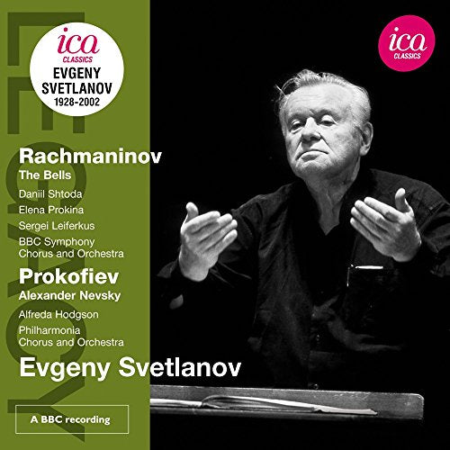 CD cover with black-and-white photo of conductor Evgeny Svetlanov and green text panel.