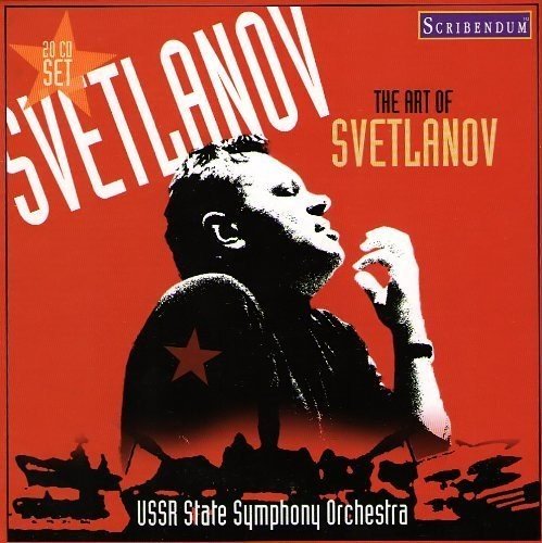 Red CD cover with black and white image of man conducting an orchestra.