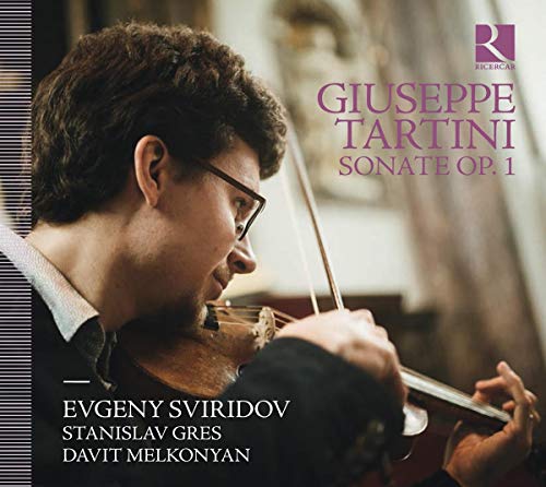Violinist Evgeny Sviridov playing, album cover for Tartini’s Sonate Op. 1.