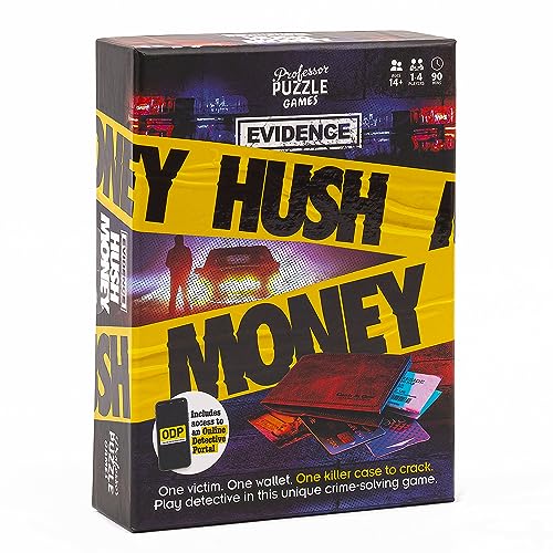 Evidence Hush Money board game box featuring yellow crime scene tape over a dark background.