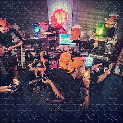 Collage of people in a music studio with equipment, puzzle-piece border.