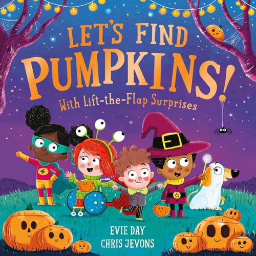 Children’s book cover, “Let’s Find Pumpkins!”, with costumed kids and pumpkins.