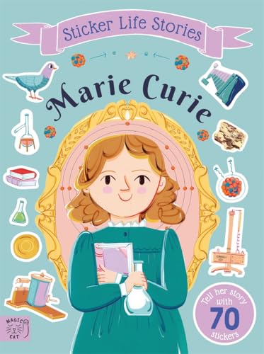Illustrated cover of "Marie Curie" sticker book featuring a portrait and related objects.