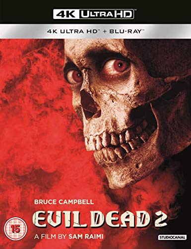 Evil Dead 2 movie cover featuring a skull against a red smoky background.