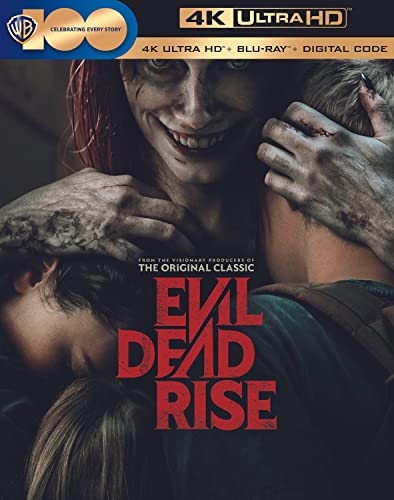 Evil Dead Rise Blu-ray cover featuring a possessed woman and distressed people.