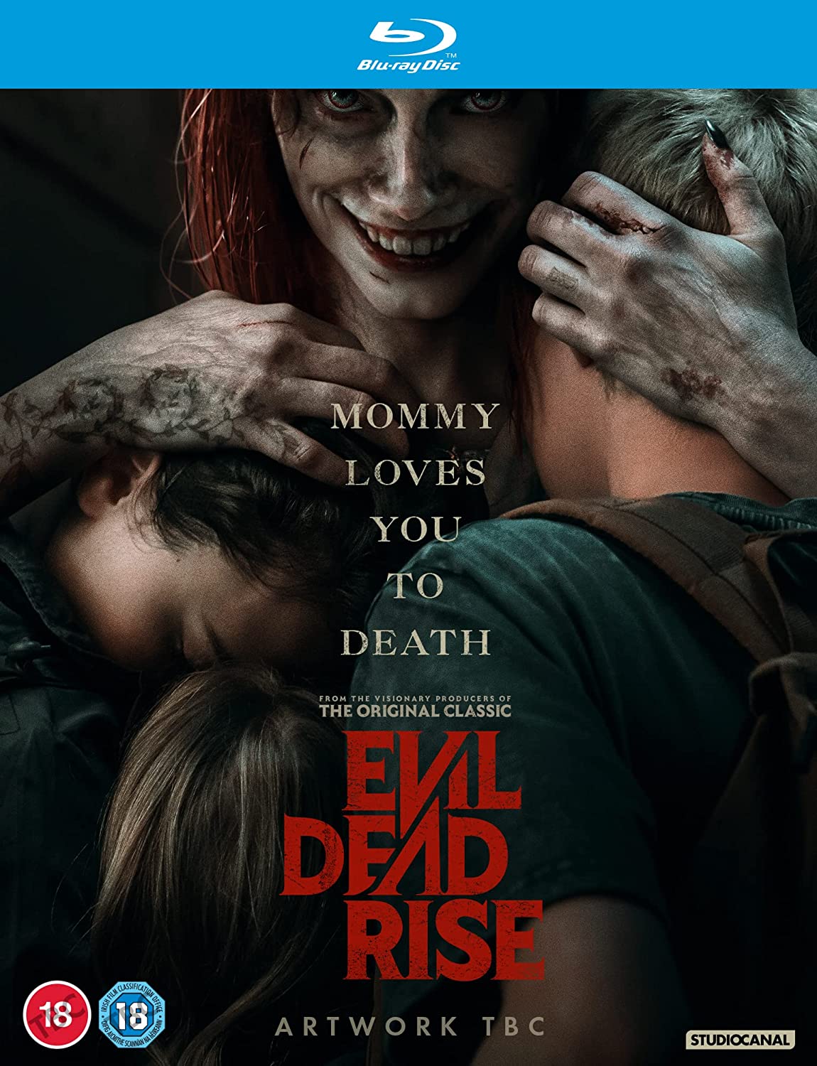 "Blu-ray cover for 'Evil Dead Rise' showing a possessed woman holding two people."