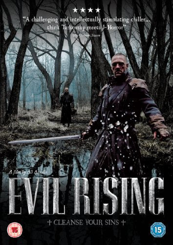 A man in a dark coat holds a sword in a misty, dark forest.