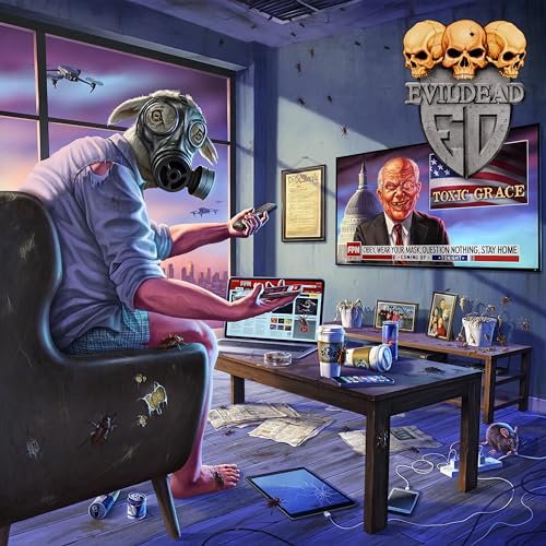 Album cover: figure in gas mask at desk, screens displaying news.