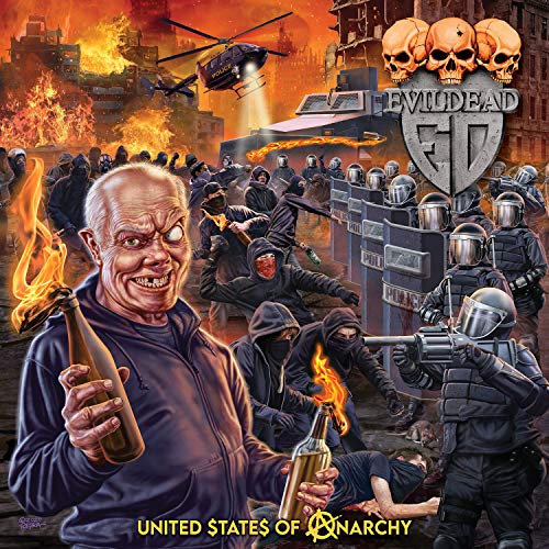 Riot scene with a man holding a Molotov cocktail, police, and burning city background.