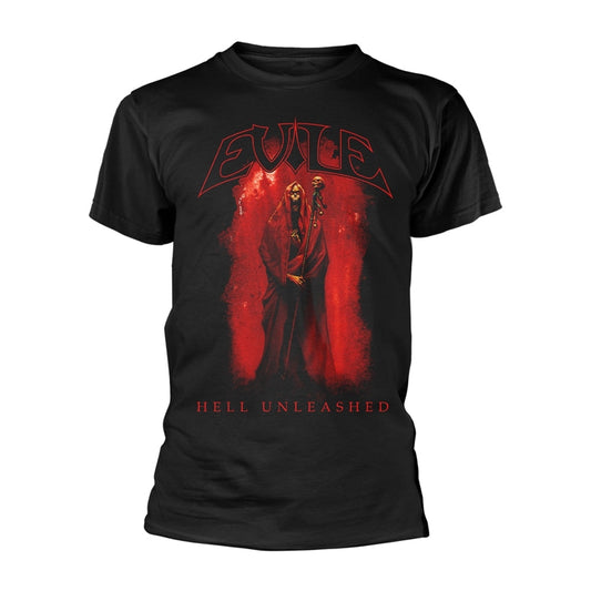Black t-shirt with red “EVILE” logo and hellish graphic print.