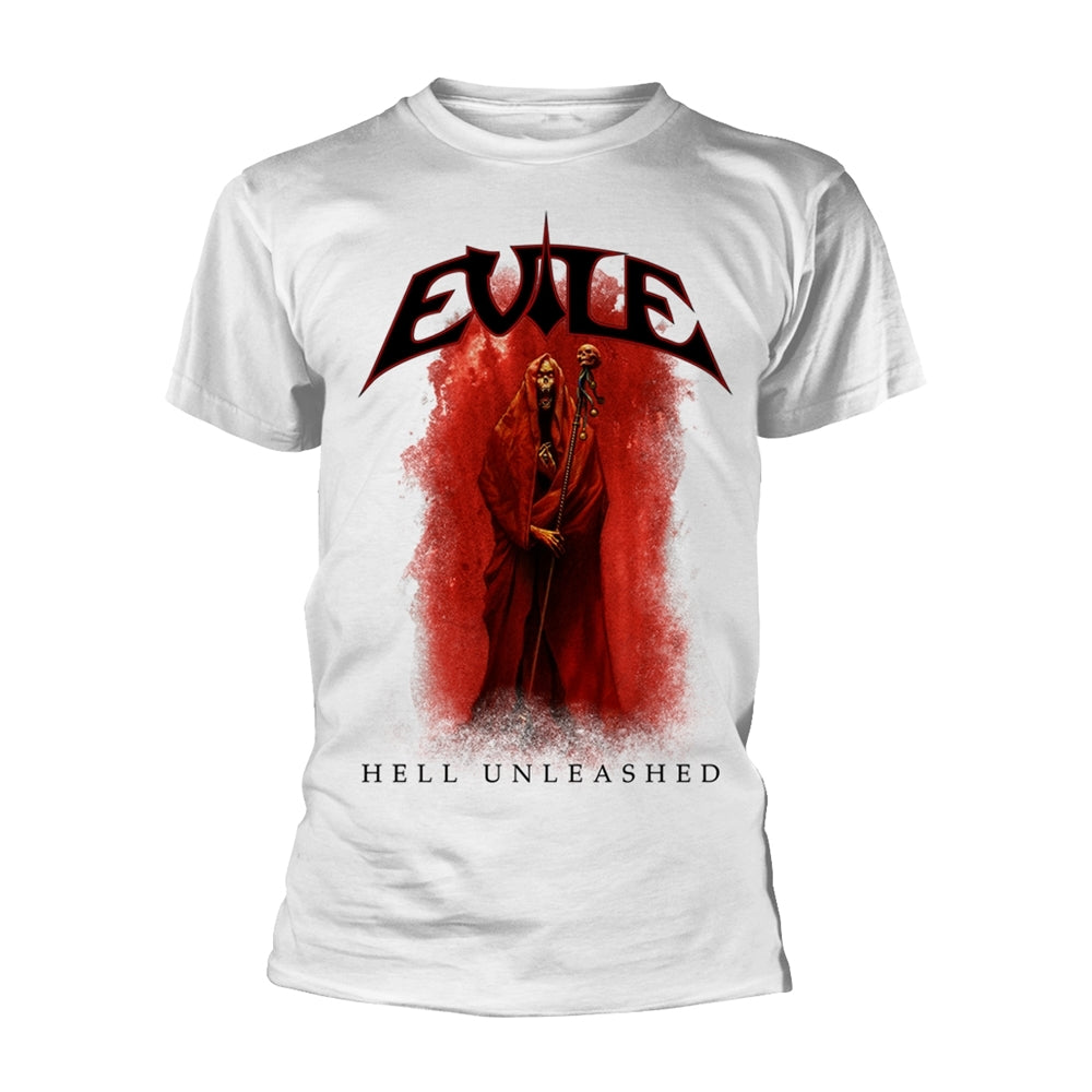 White t-shirt with red and black graphic of a hooded figure.