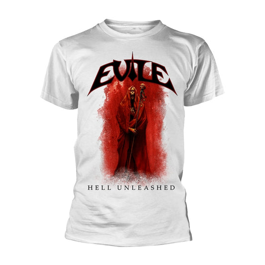 White t-shirt with red and black graphic of a hooded figure.