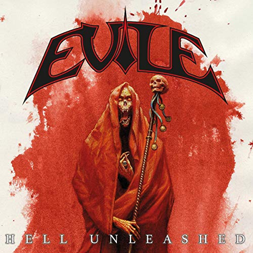 “Evile - Hell Unleashed” vinyl cover with a cloaked figure and red splatter.