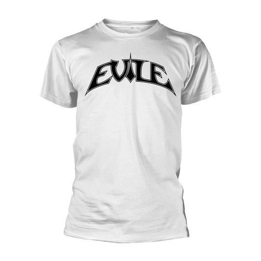 White t-shirt with black "EVILE" band logo centered on the chest.