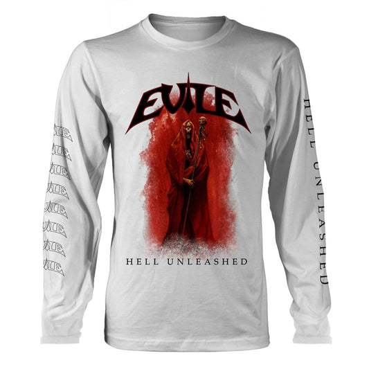 White long-sleeve t-shirt with "Evile" band logo and hellish imagery.