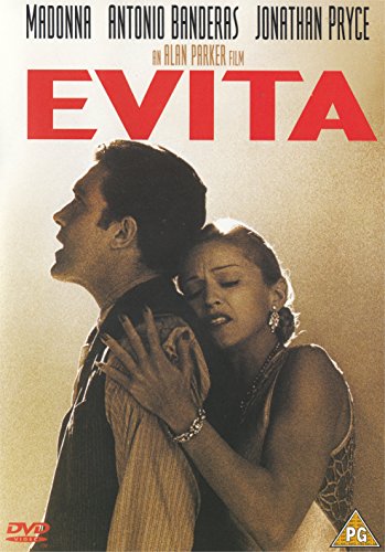 DVD cover for the film Evita showing Madonna embracing Antonio Banderas.