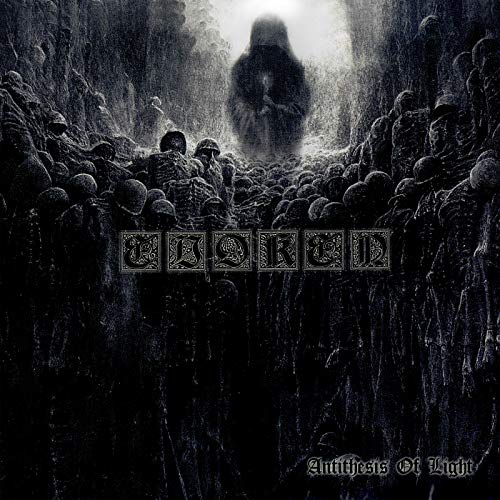 Dark, textured album cover for Evoken’s “Antithesis Of Light” with a figure in a cave.