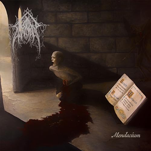 Dark painting of a kneeling figure with an open book and blood.