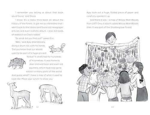Children gathered around a large, illustrated map of a forest.