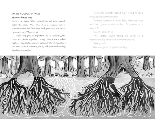 Black and white illustration of forest trees with interconnected roots.