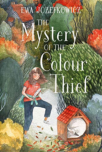 Book cover with a girl and a small house amidst colorful, stylized foliage.