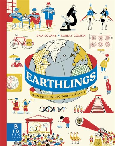 Book cover with illustrated Earth, aliens, and various human activities.