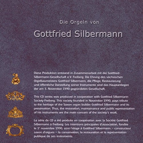 Purple CD cover with text about Gottfried Silbermann and four small gold ornamental icons.