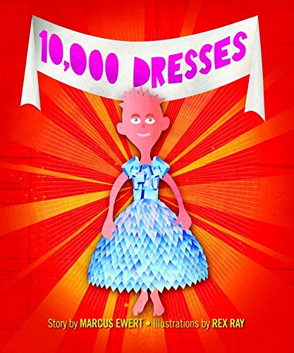 Book cover: pink-skinned child in a blue paper dress, red background.