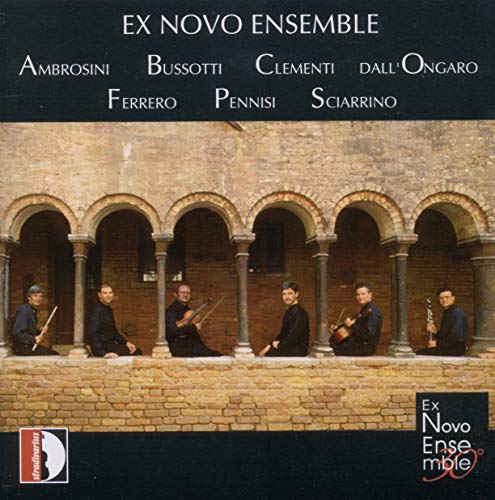 "CD cover featuring six musicians with instruments standing under arches."