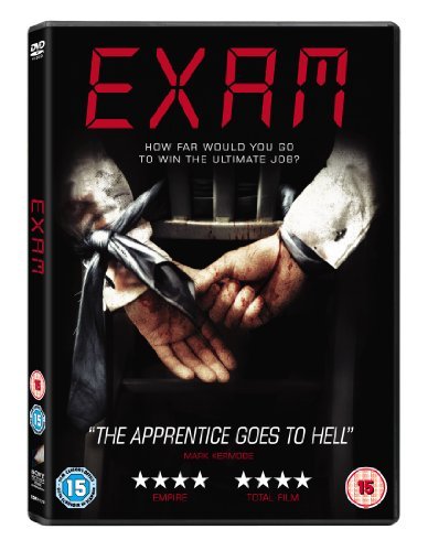 DVD cover for "Exam" showing bound hands and red title text.