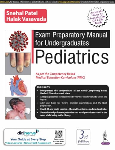Pediatrics exam manual cover with medical illustrations, COVID-19 virus, and a newborn.