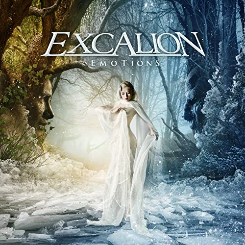 CD cover: forest scene with faces carved in trees, woman in white.