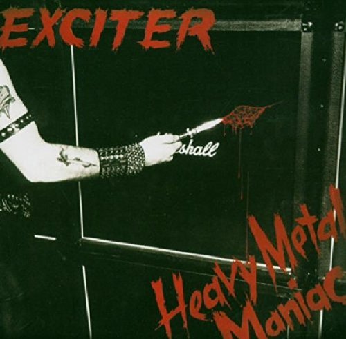 Arm holding a bloody knife against a Marshall amplifier, Exciter Heavy Metal Maniac album cover.