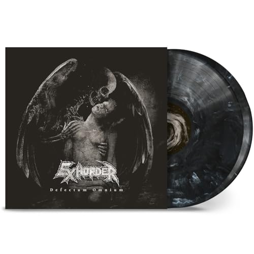 Exhorder Defectum Omnium album cover art next to a black and grey marbled vinyl.