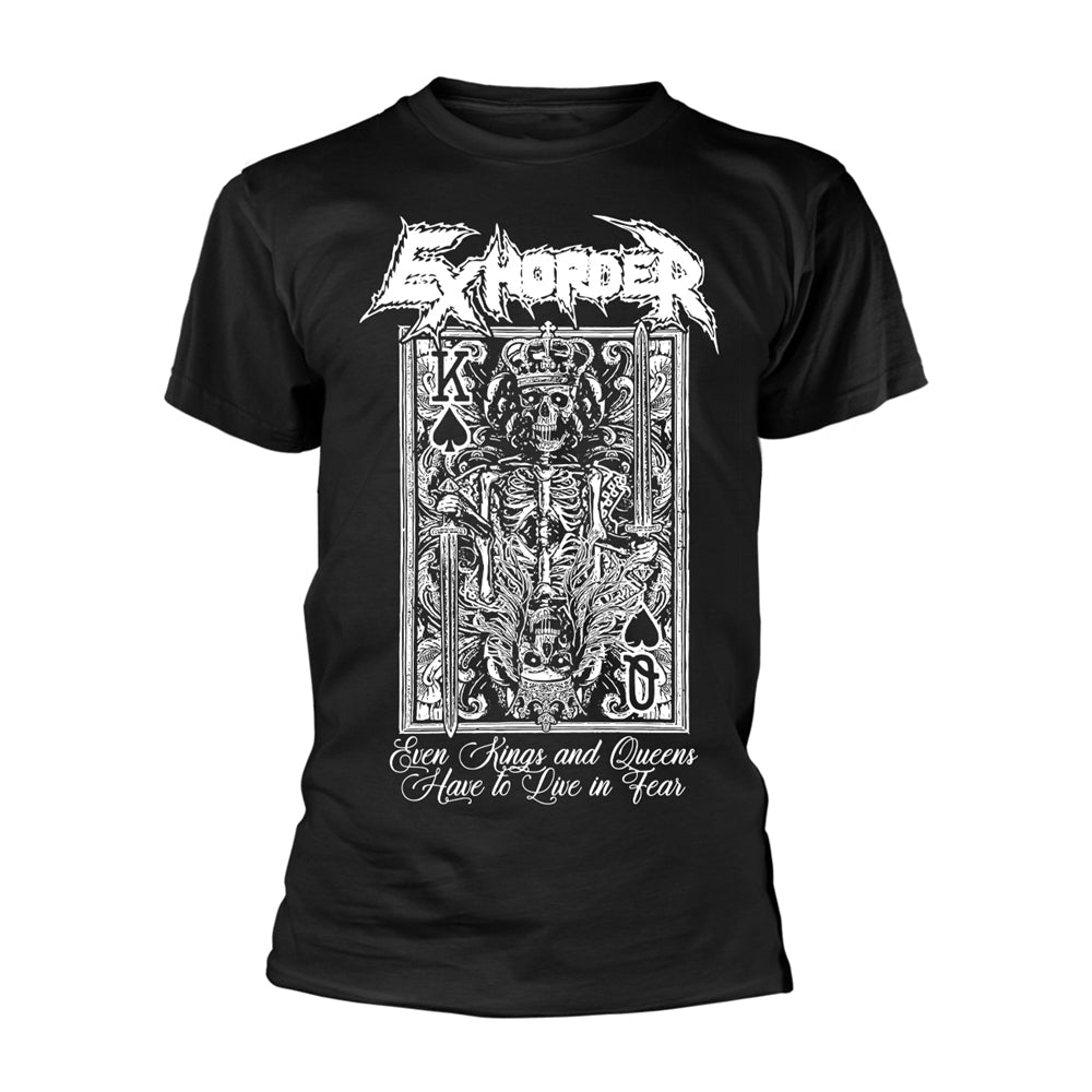 Black t-shirt with white Exhorder band logo and playing card design.