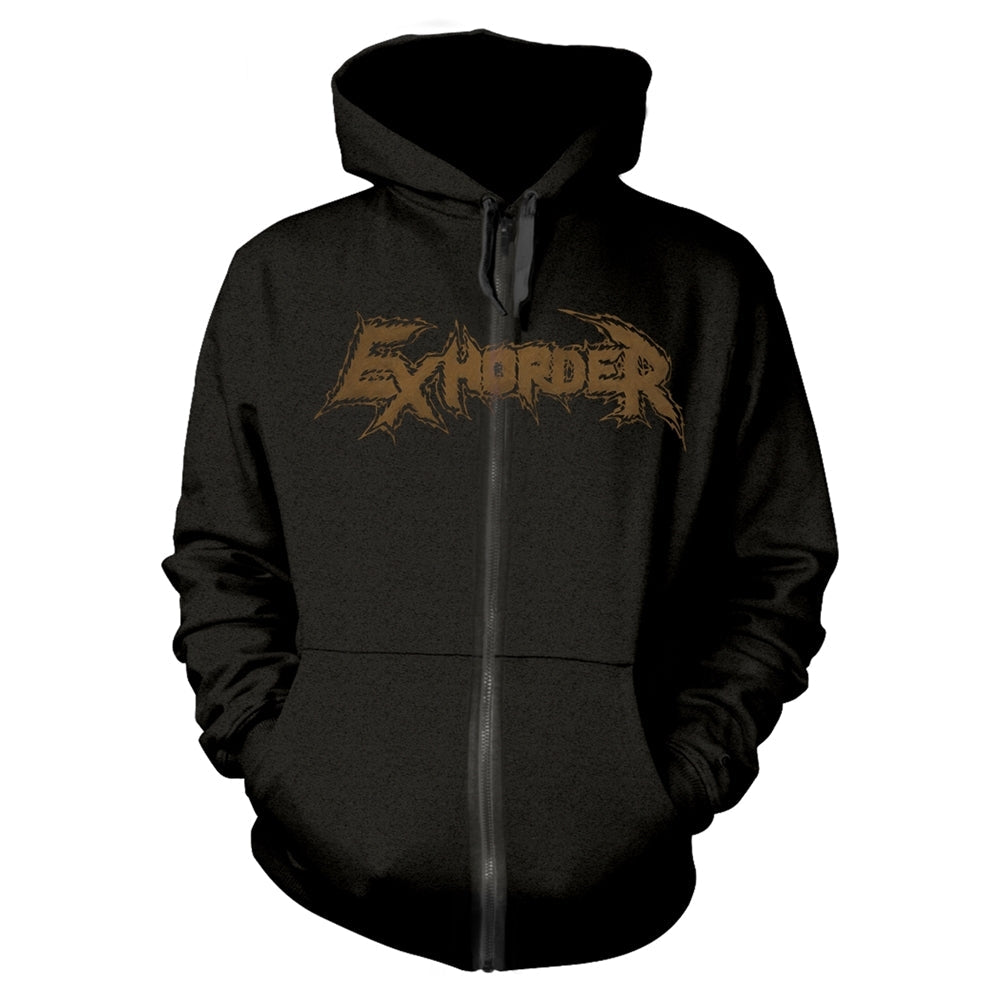 Black zip-up hoodie with gold “Exhorder” band logo printed on the chest.