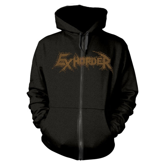 Black zip-up hoodie with gold “Exhorder” band logo printed on the chest.