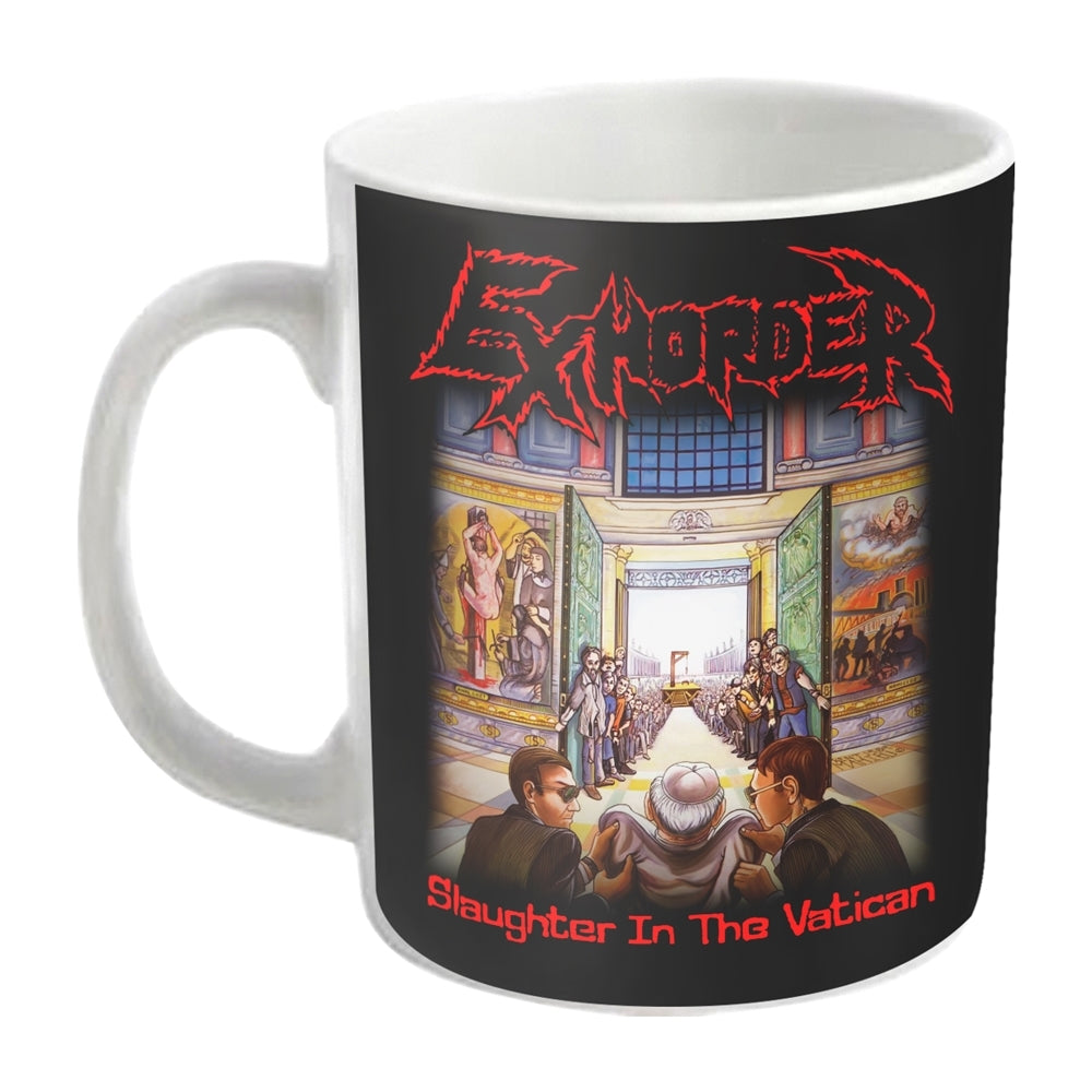 White mug with album art for Exhorder’s “Slaughter in the Vatican.”