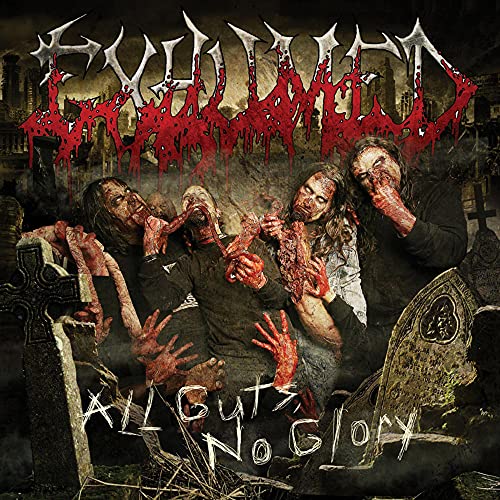 Album cover for Exhumed, featuring four figures in a graveyard scene.